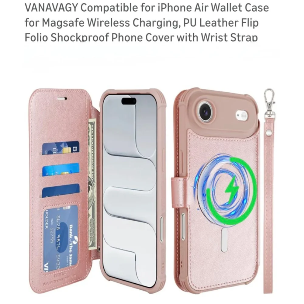 VANAVAGY Pink iPhone Air Wallet‎ Case for Magsafe Wireless Charging One Size